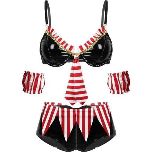 Women Wet Look Sailor Cosplay Costume Patent Leather Lingerie Set Bra Top Zippered Panties with Striped Arm Sleeves Jagged Belt