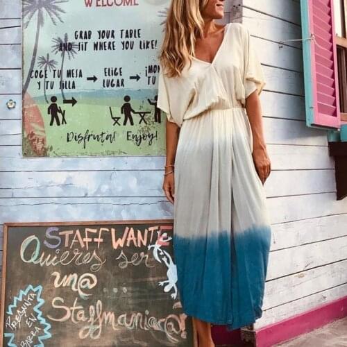 Women long dress color gradient v neck short sleeves sashes holiday beach lady dresses