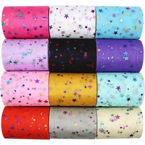 10Yards/roll 7.5CM Rainbow Star Moon Foil Tulle Roll Organza Baby Shower Party Supplies DIY Hair Bows Handmade Materials