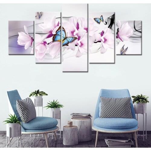 5 Pieces purple pink Magnolia Flowers With Butterfly Painting Modern framed Artwork Canvas Print Wall Art Paintings