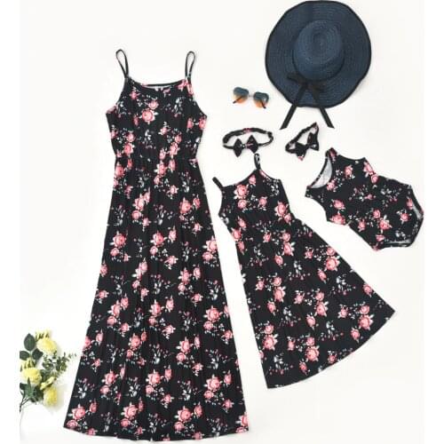 Baywell Summer Family Matching Outfit Flower Sling Print Long Dress Parent-child Dress Romper Mother Daughter Baby Clothes