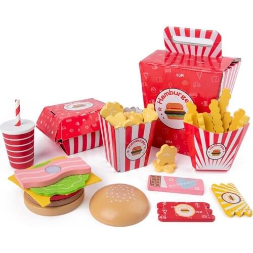 Kids Kitchen Cooking game Pretend Play toy Simulation Wooden Hamburger French fries Coke Fast Food Sets Burger Set kids gift