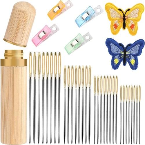 MIUSIE 32PCS Hand Sewing Needles 4 Size Sewing Sharp Needles with Bamboo Needle Case Sewing Clips for Stitching Crafting Project