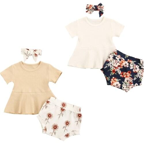 Lioraitiin 0-24M Newborn Infant Baby Girl 3Pcs Summer Clothing Set Short Sleeve Solid Top Shirt Floral Printed Shorts Outfit