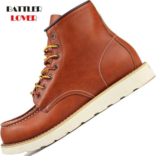 Men Genuine Cow Leather Boots Round Toe Vintage High Quality Ankle Botas for Male Tooling Desert Motorcycle Biker Punk Boots