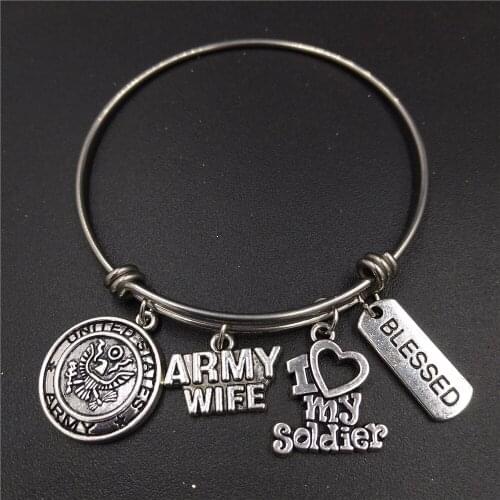 64mm Diameter Trendy USA Army Wife Charm Stainless Steel Expandable Wire Bangle Bracelets Fashion Women Jewelry Bulk Price