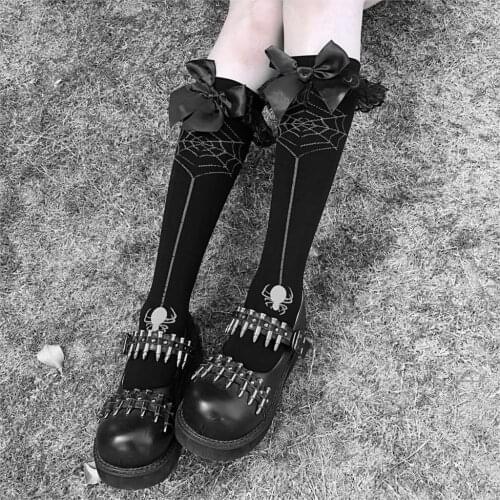 Dark Lolita Girl Calf-length Socks 2021 Basic Lady Black Goth Bow Cobweb Spider Print Gothic Sock Cool Basic Thin Student Wear