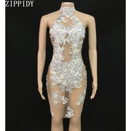 New design Mesh Perspective Silver Rhinestones Pearls Dress Evening Party Sexy Dresses Dress Costume Singer Performance Outfit