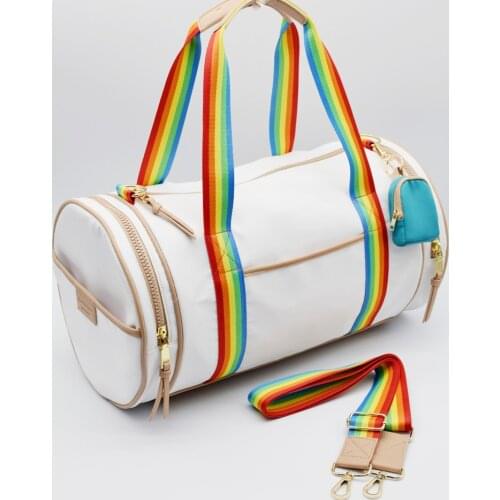 Wholesale/customize High-Quality White/Black Traveling Nylon Bag Contrast Color shoulder Printed Rainbow Polyester Lining