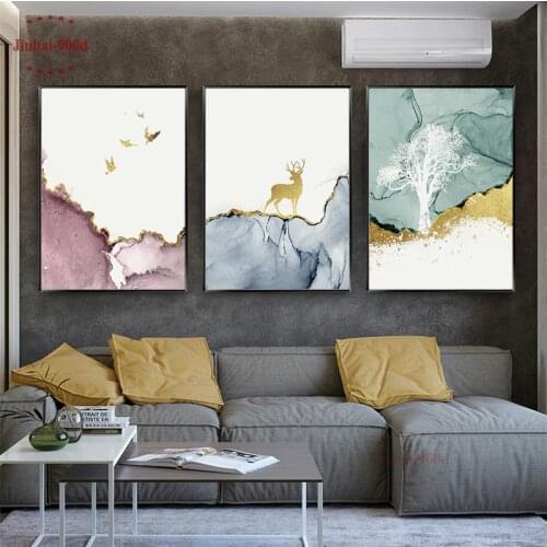 Nordic Poster Abstract Marble And Golden lines Canvas Printing Deer Forest Wall Art Living Room Home Decoration Wall Painting