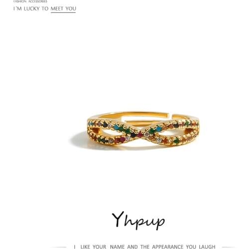 Yhpup Bow-Knot Rainbow Zirconia Rings Copper Cute Sweet High Quality Real Golden Jewelry for Women Girl Birthday Party Gift New