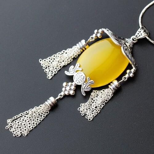 Silver Jewelry Wholesale Retro Thai Silver Pendant S925 Sterling Silver Natural Chalcedony Necklace Pendant Silver Pendant Women