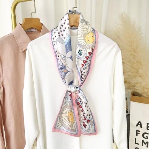 Narrow Strip Small Silk Scarf South Korea Silk Cartoon Printing Decorative Scarf Spring New Versatile Ribbon Hair Band