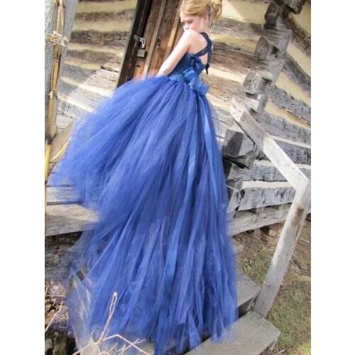 Girls Navy Blue Trailing Tutu Dress Kids Crochet Tulle Dress Lace Straps Ball Gown Children Evening Party Banquet Costume Dress