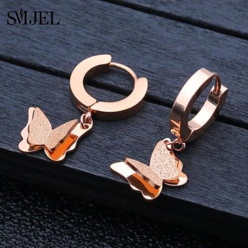 Punk Stainless Steel Rose Gold Butterfly Earrings for Women Girls Wedding Bohemian Earings Jewelry Studs Pendientes Gifts