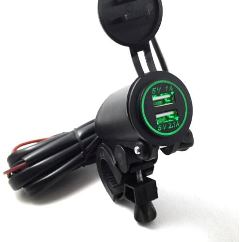 Motorcycle Charger Waterproof Dual USB 5V/2.1A 1A Chargers Power Adapter 1.5M Cable Mount Holder Bracket Green Blue Red Orange