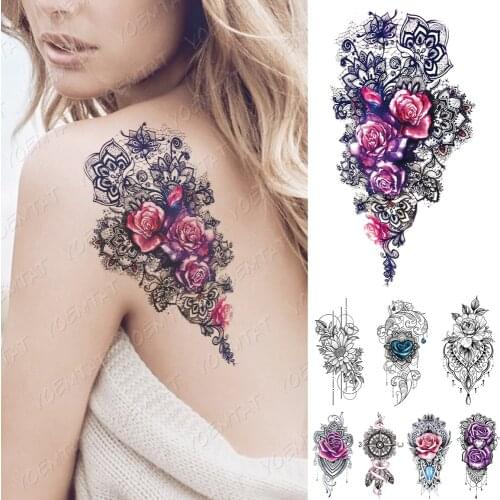 Waterproof Temporary Tattoo Sticker Purple Pink Line Rose Flower Flash Tattoos Totem Heart Body Art Arm Fake Sleeve Tatoo Women