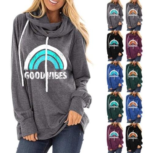2020 Womens Hoodie with Drawstrings Hooded Good Vibes Rainbow Printing Loose O Neck Long-Sleeved T-shirt