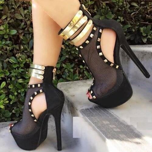 Olomm Women Platform Sandals Sexy Rivets Stiletto High Heels Sandals Peep Toe Yellow Black Party Shoes Women US Plus Size 5-15