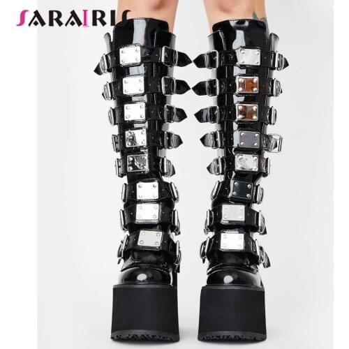 SaraIris Trendy INS Hot Sale Big Size 43 Women Shoes Solid Buckle Zipper High Wedges Platform Boots Women Goth Brand Punk Shoes