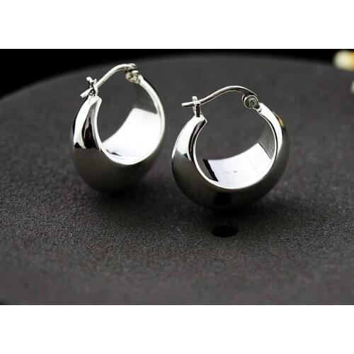 Fine Sterling S925 Silver Earrings Women Girl Luck Smooth Hoop Earrings 19mmW