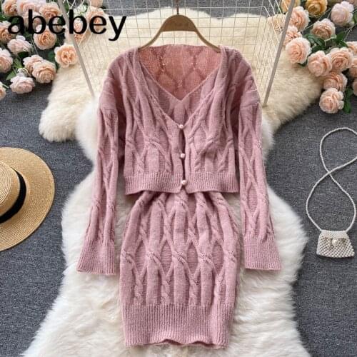 Women Autumn Winter Korean Knitted Set Long Sleeve Button Loose Cardigan+Sleeveless Slim Strap Dress Two Piece Suits