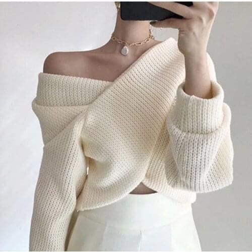 2021 Autumn Winter Women Pullover V-Neck Sexy Off Shoulder Sweater Knitted Stylish Casual Korean Lady Jumpers Warm Pull 16540