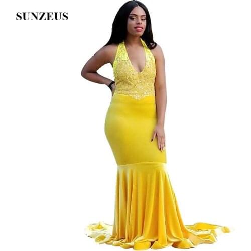 Mermaid Halter Neck Yellow Prom Dress V-neck Appliques Beaded Long Velour Party Gowns vestidos de formatura noite