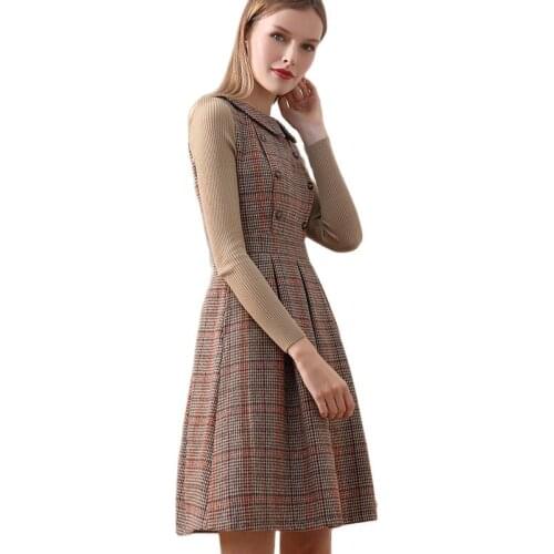 Abrini Winter Vintage Thick Buttoned Up Dress With Pocket Elegant Woolen Splice Knitting Sleeve Winter Dress Peter pan Collar