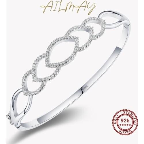 Ailmay Fashion 925 Sterling Silver Geometric Design Bracelets Sparkling Clear Zircon Bracelets For Women Statement Jewelry Gift