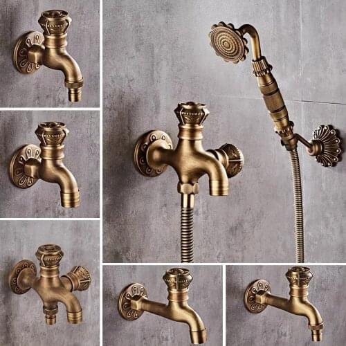 Antique Brass Single Cold Faucet/Washing Machine Tap Wall Mounted Carved Bibcock Kitchen Sink Bathroom Basin Cold Tap