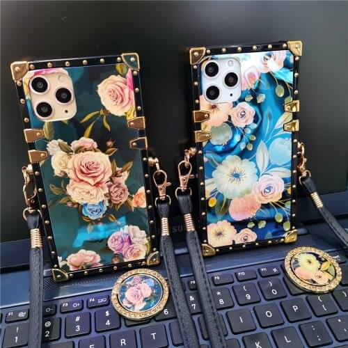 Luxury Brand Vintage Rose Flower Case For iPhone XS Max X XR Square Cover Rope Lanyard Case for iphone 12 11 PRO MAX 7 Plus 8 6S
