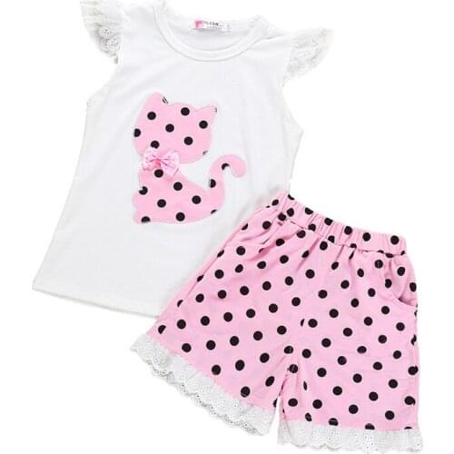 Baby Girl Clothes Suit Summer New Cartoon Embroidery Bow Lace Ruffled Sleeveless T-Shirt +Dot Shorts 2Pcs1-4 Years Kids Clothing