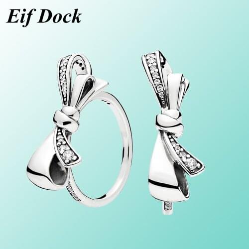 Eif Dock Bow Knot Silver Color Cubic Zirconia Ring Stakable Korean Finger Bow-knot For Women Girl Fashion Jewelry Party Gift
