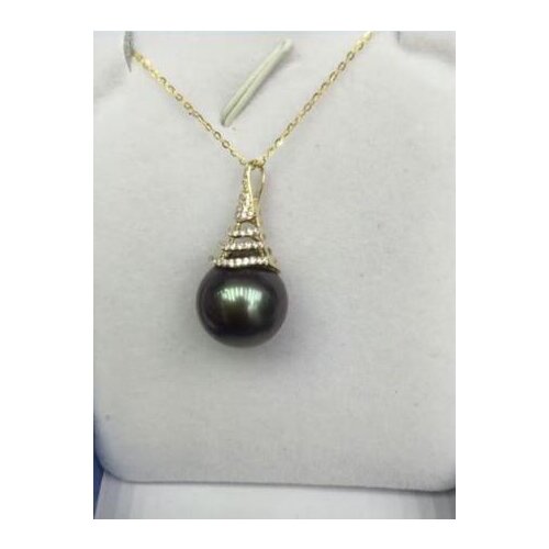 Hot sellnoble jewelry huge AAA 13-14mm tahitian round black green pearl necklace 14k chain