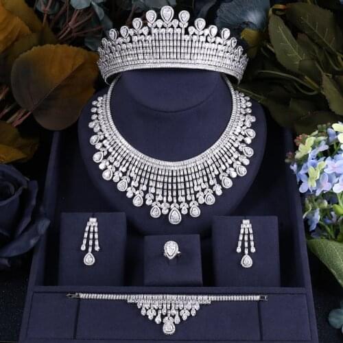 Janekelly Luxury cubic zirconia necklace bracelet earrings and ring 4pcs dubai full jewelry set for women,bridal dress dinner
