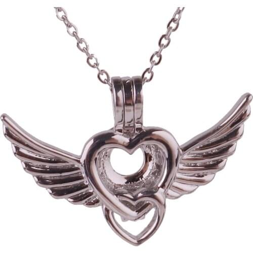 K1674 Dull Silver copper heart wings Bead Pearl Cage Aroma Essential Oil Diffuser Locket Necklace with stainless steel chain