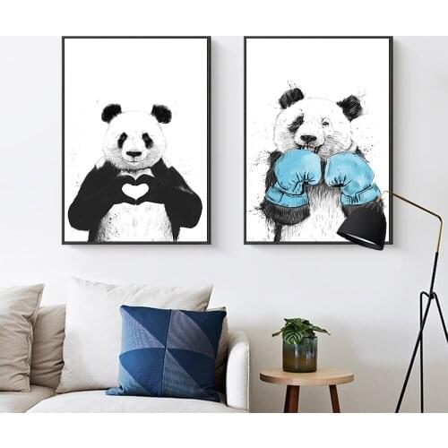 Cute Love Gesture Panda Canvas Prints Boxing Painting Poster Modern Wall Art Picture Mural for Kids Room Living Room Decoration