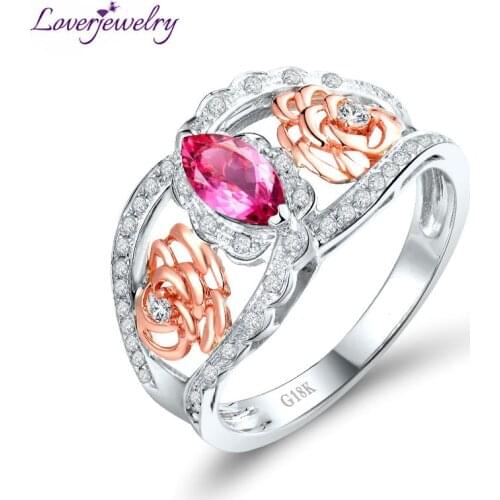 LOVERJEWELRY Tourmaline Ring For Women 18Kt Multi-tone Gold Pink Tourmaline Engagement Rings Diamonds Genuine Gemstone Jewelry