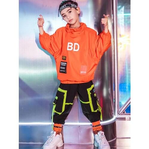 Handsome Boys Hip Hop Clothes Orange Sweater Girls Tops Black Pants Suit Ballroom Dance Costume Jazz Performance Dress BL4791