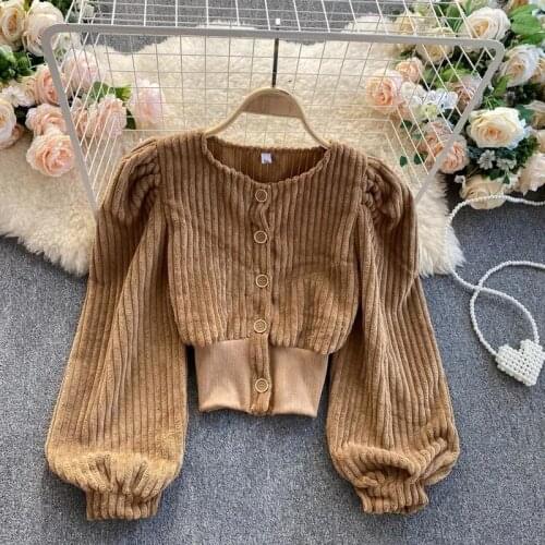 JMPRS Vintage Women Corduroy Short Jacket Autumn Casual O Neck Single Breasted Crop Tops Elegant Puff Sleeve Tunic Female Coats