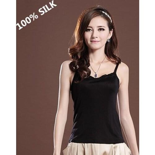 Valentine New Quality Solid Knitted Silk Lace Camisoles 100% Mulberry Silk Base Tops Pure Silk Tanks M/L/XL/XXL Free Shipping