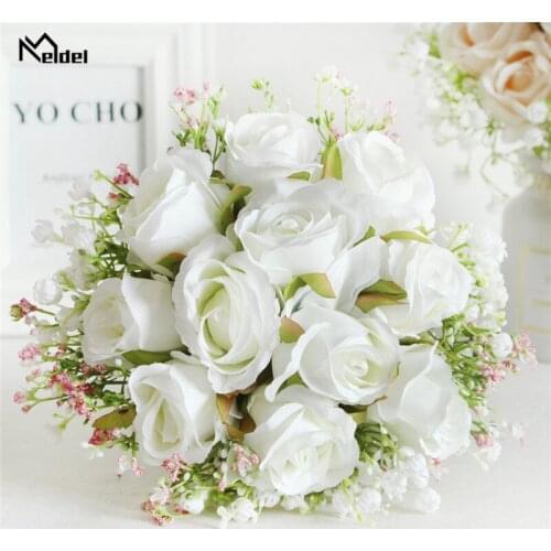 Meldel Bouquet Bride Wedding Flower Artificial Silk Rose Babys Breath Bridesmaid Sister Wedding Flower Bouquet Girl Home Decor