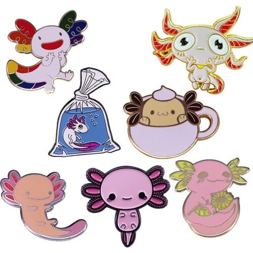 Cute Colorful Axolotl Hard Enamel Lapel Pins Hexagon Fish Volcano Animal Metal Brooch Anime Womens Marine Life Badge Jewelry