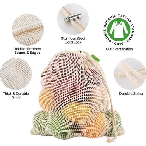 Organic Cotton Mesh Bag Reusable Mesh Produce Bags Eco-friendly Vegetable Fruit Shopping Bag with Drawstring