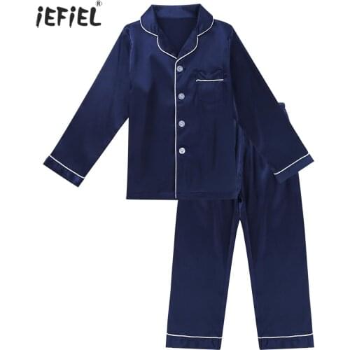 Casual Pajamas for Children Spring Autumn Long Sleeve Satin Silk Two Piece Pajamas Set Fashion Solid Soft Sleepwear Kids Clothes