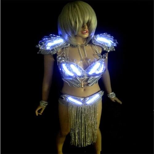 KS25 Party ballroom dance led costumes blue luminous bra bikini glowing crystal outfits model wears dress dj led bodysuit rave