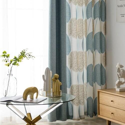 Northern European-Style Simple Fresh Customize Splicing Green Large Leaf Printed Linen Blend Curtains for Living Room Bedroom