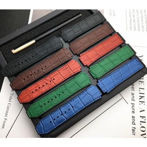 Top Brand Quality 25*17mm Cow Real Leather With Rubber Silicone Watchband Watch Band for Hublot Strap for Big Bang Belt Logo On