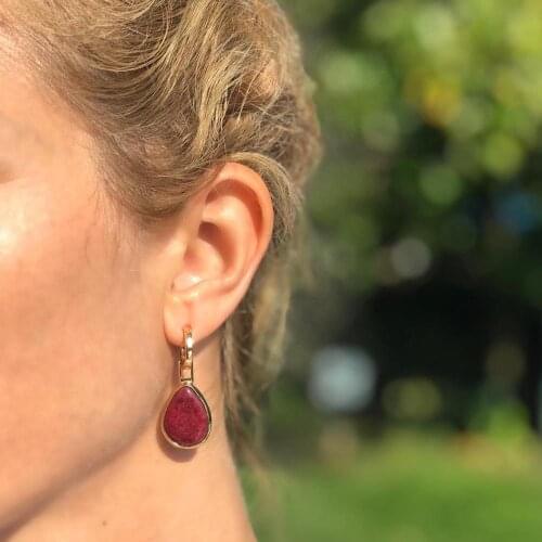 GULCE DERELI, MAROON NATURAL STONE EARRINGS, HOOP EARRINGS, CHARM EARRINGS, GIFT BOX, GOLD/SILVER PLATED
